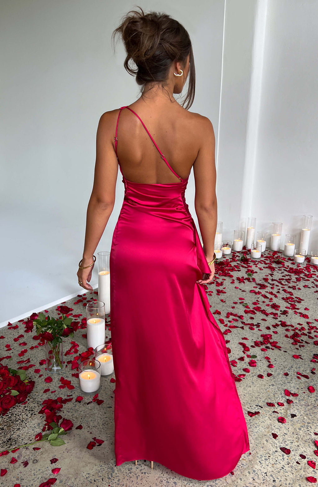 Satin One Shoulder Ruched Bodycon High Split Maxi Dress - Formal Evening Gown