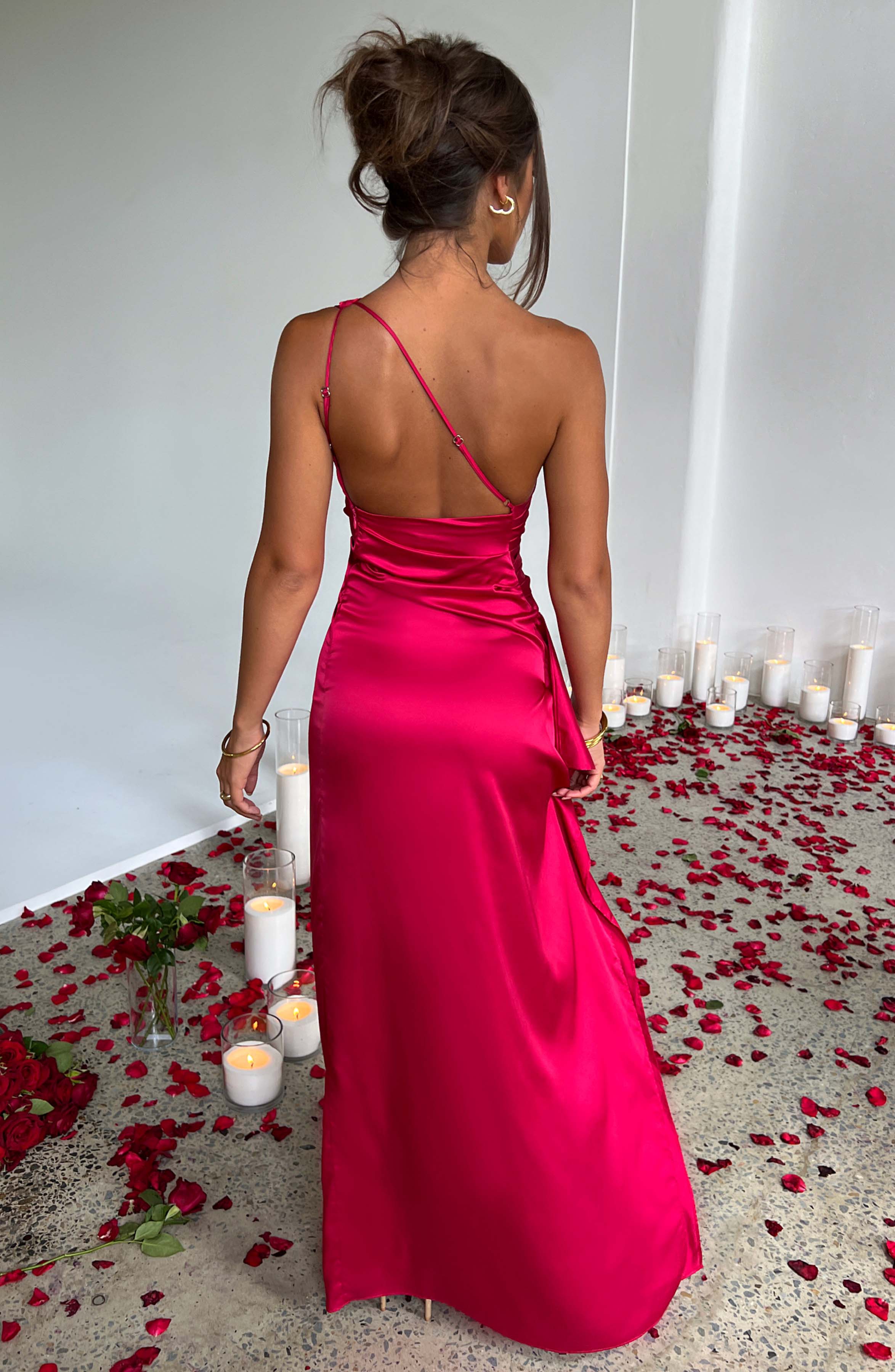 Satin One Shoulder Ruched Bodycon High Split Maxi Dress - Formal Evening Gown