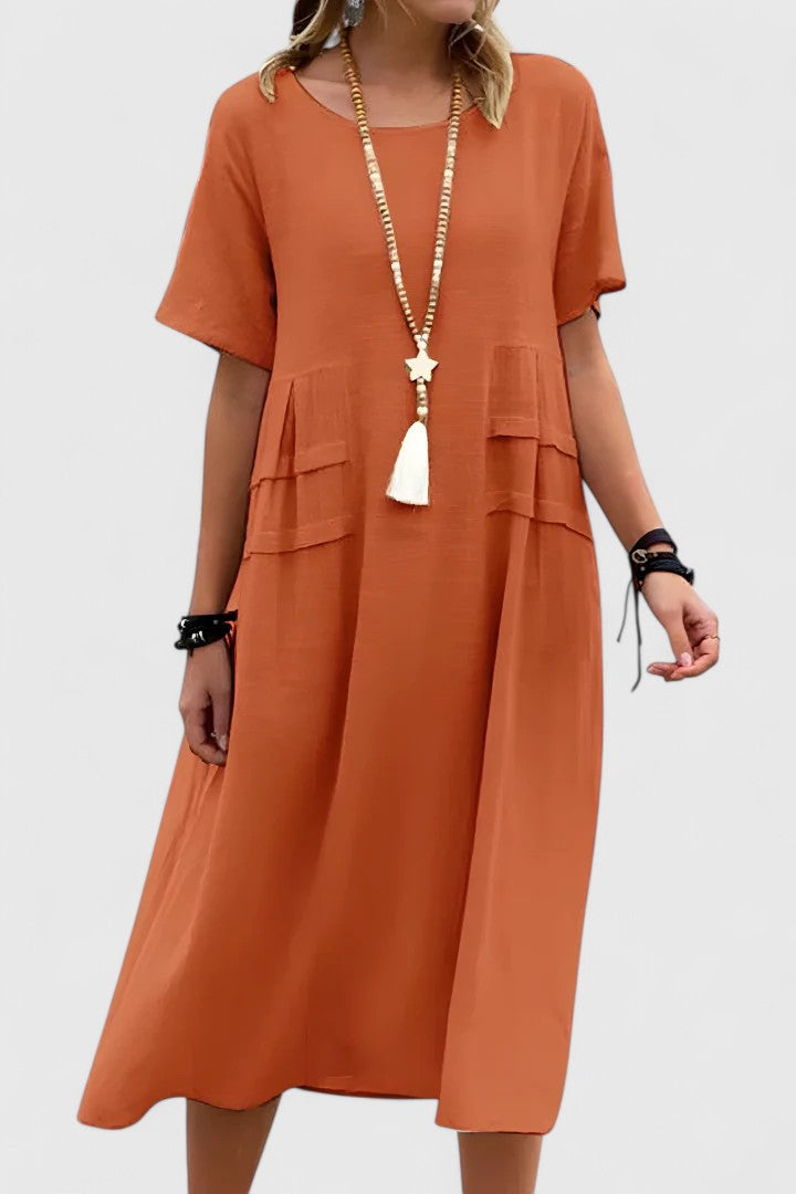 Short Sleeve Loose Fit Midi Dress Pocket Detail