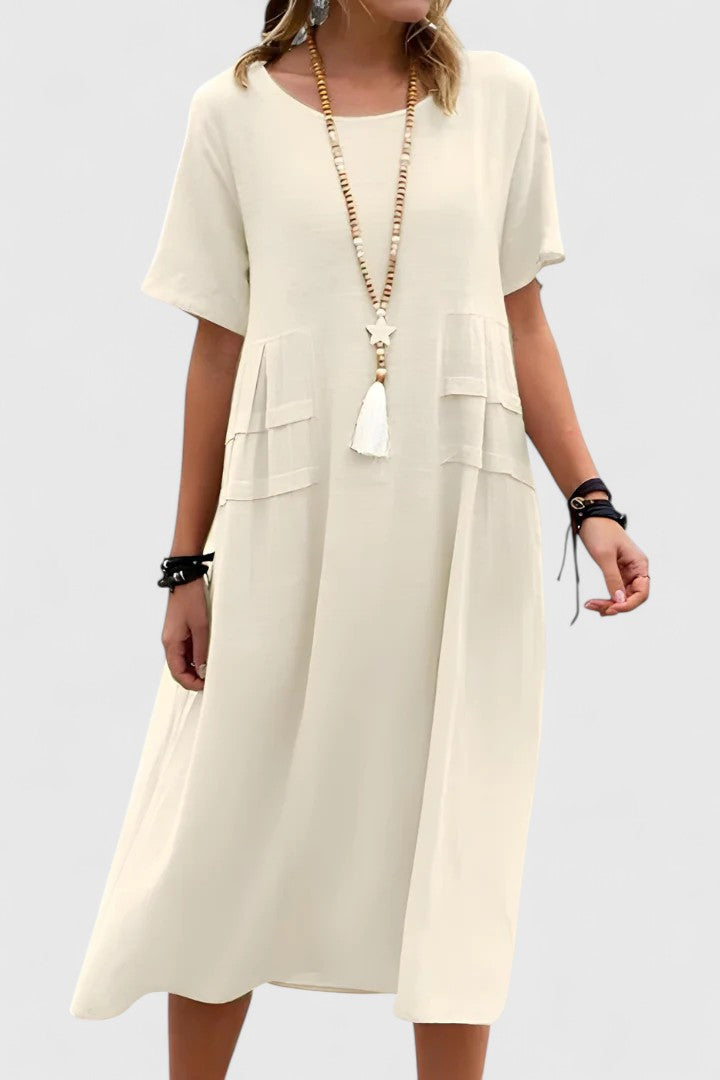 Short Sleeve Loose Fit Midi Dress Pocket Detail