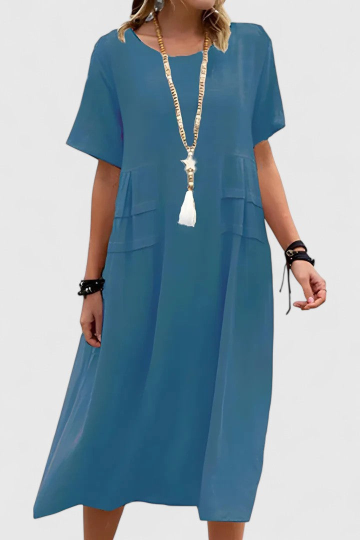 Short Sleeve Loose Fit Midi Dress Pocket Detail