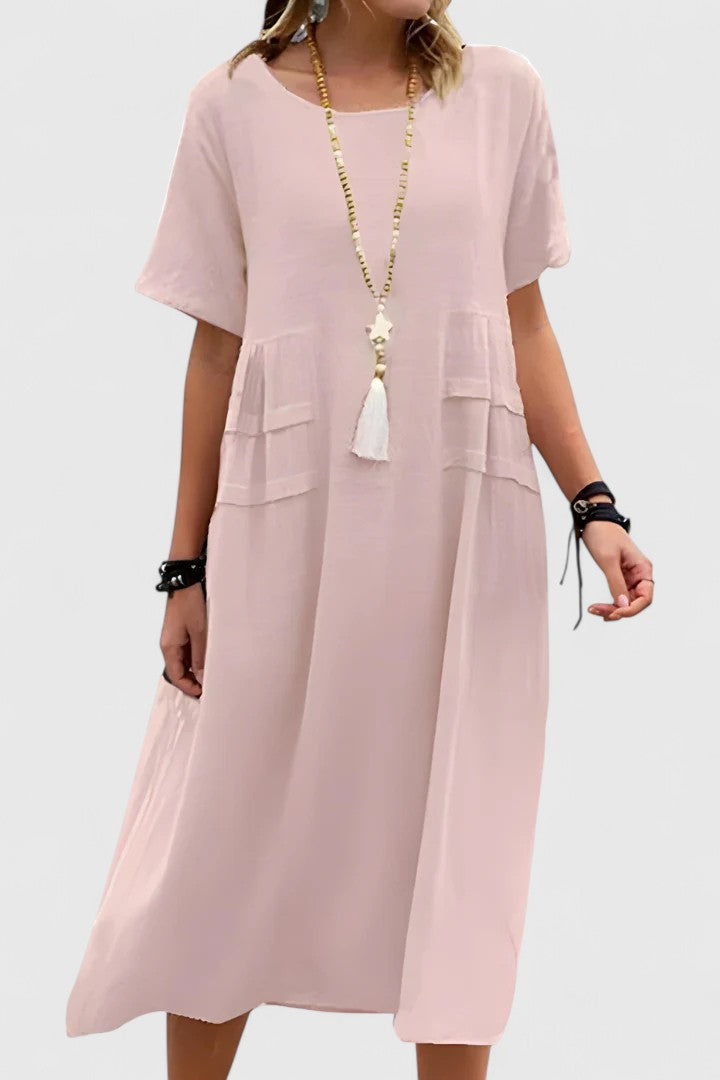 Short Sleeve Loose Fit Midi Dress Pocket Detail