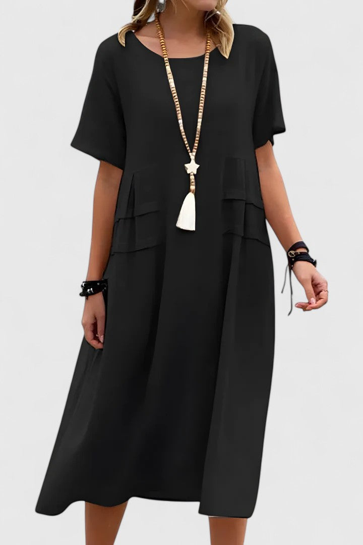 Short Sleeve Loose Fit Midi Dress Pocket Detail