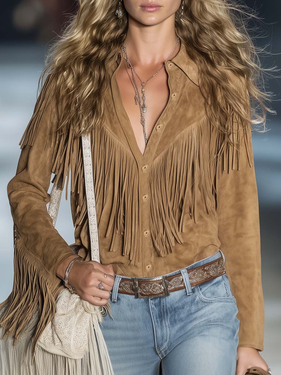 Fringe Trim Point Collar Snap Button Suede Casual Shirt