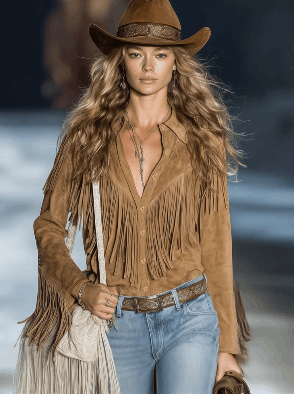Fringe Trim Point Collar Snap Button Suede Casual Shirt
