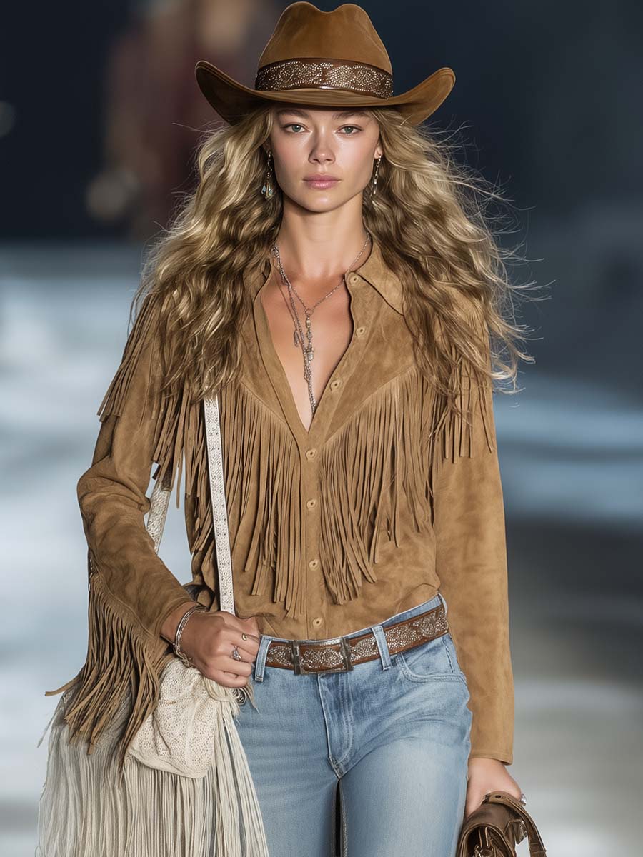 Fringe Trim Point Collar Snap Button Suede Casual Shirt