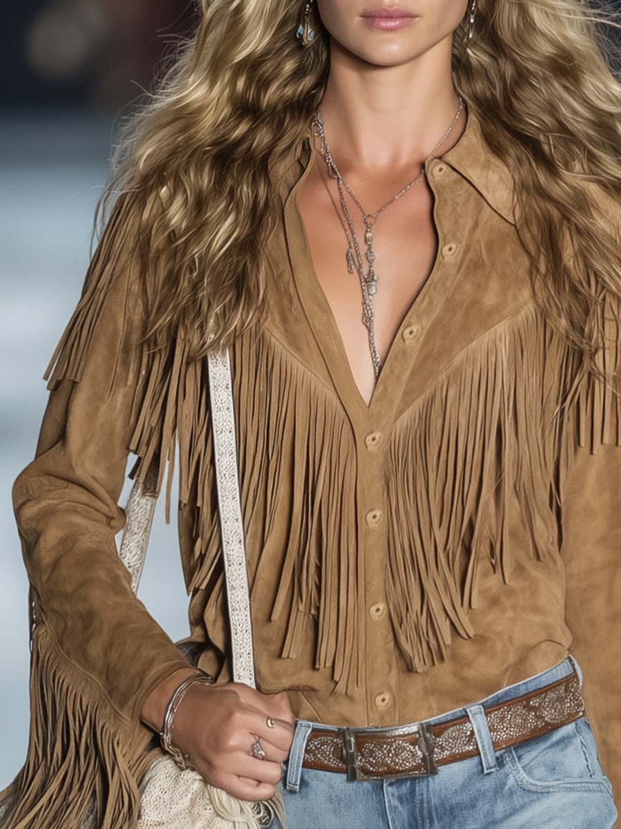Fringe Trim Point Collar Snap Button Suede Casual Shirt
