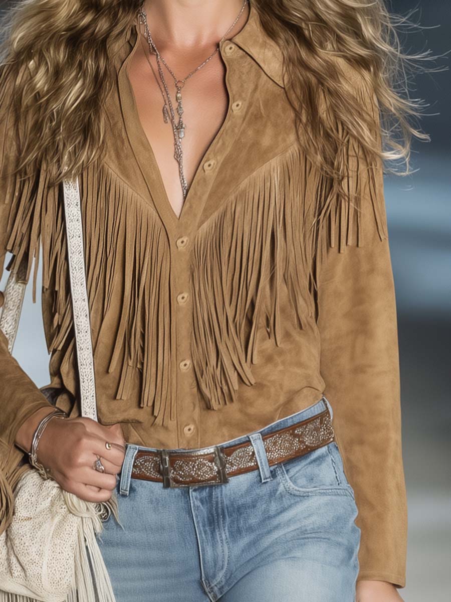 Fringe Trim Point Collar Snap Button Suede Casual Shirt