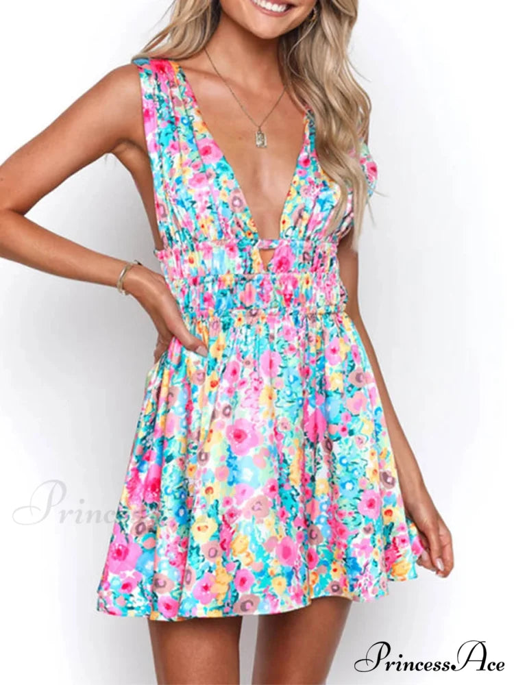 Attractive Backless Plunging Neckline Flower Pattern Mini Floral Dress