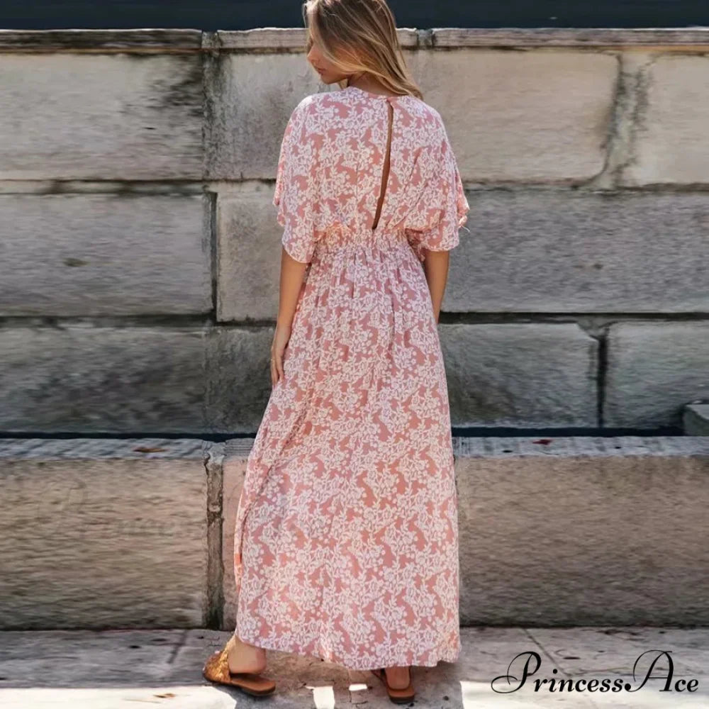 Attractive Deep Plunge-neck Maxi Dress Retro Floral Print Side Split Boho Dress