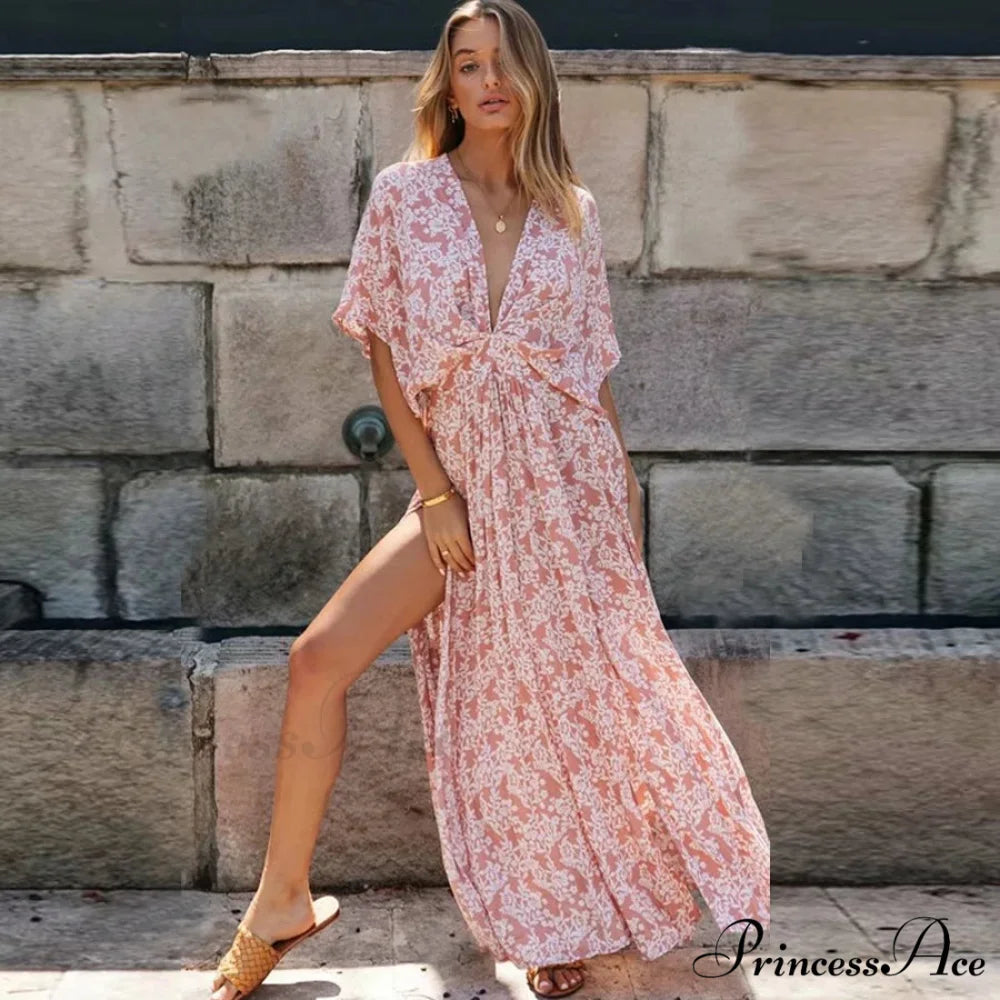 Attractive Deep Plunge-neck Maxi Dress Retro Floral Print Side Split Boho Dress