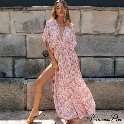 Attractive Deep Plunge-neck Maxi Dress Retro Floral Print Side Split Boho Dress