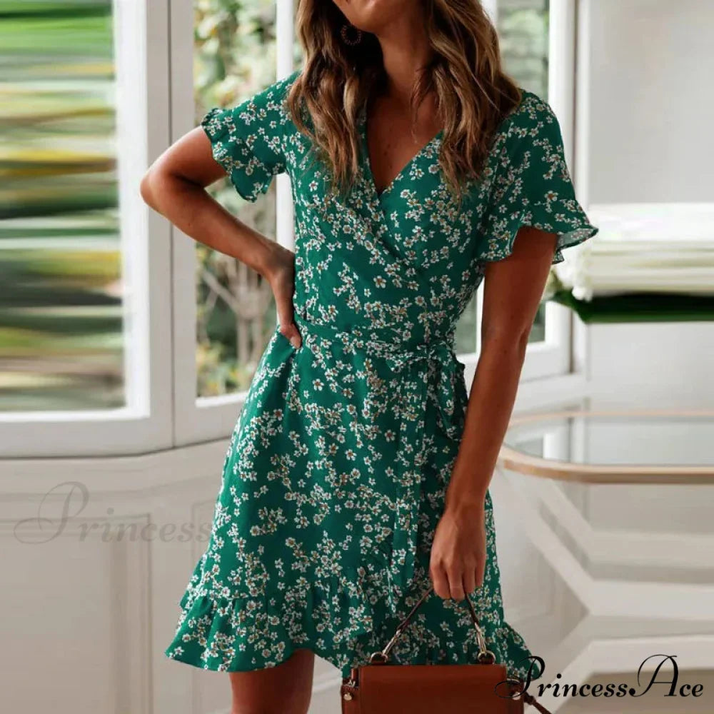 Attractive Flower Pattern V-neck Chiffon Mini Flower Dress