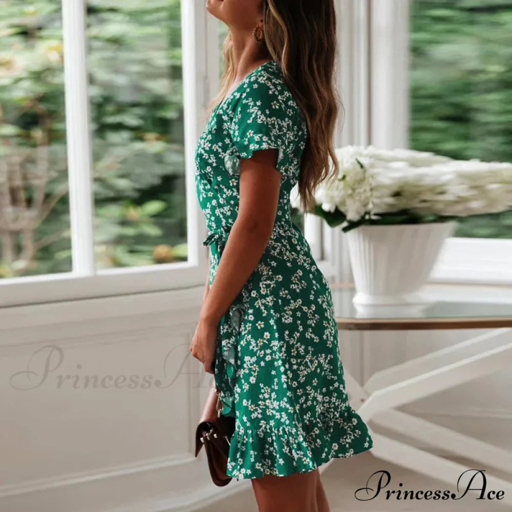 Attractive Flower Pattern V-neck Chiffon Mini Flower Dress