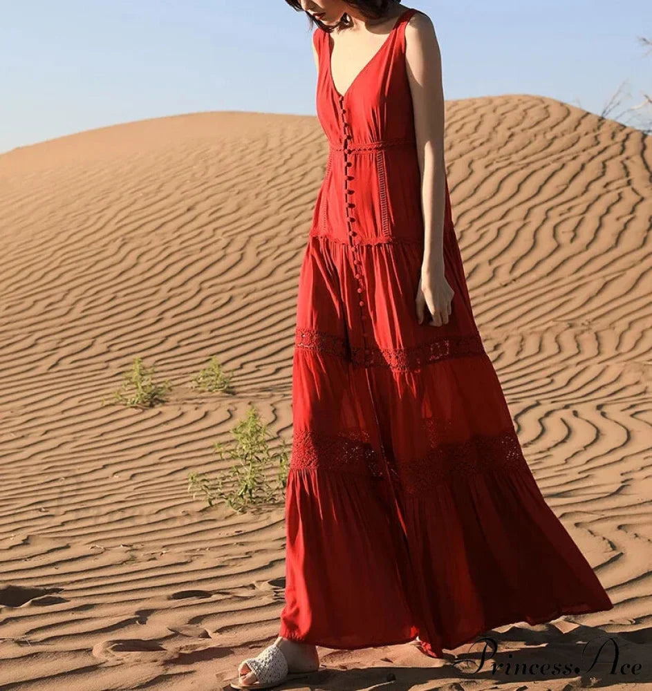 Attractive Sleeveless Plunging Neckline Tank Maxi Dress Cotton Long Summer Dress