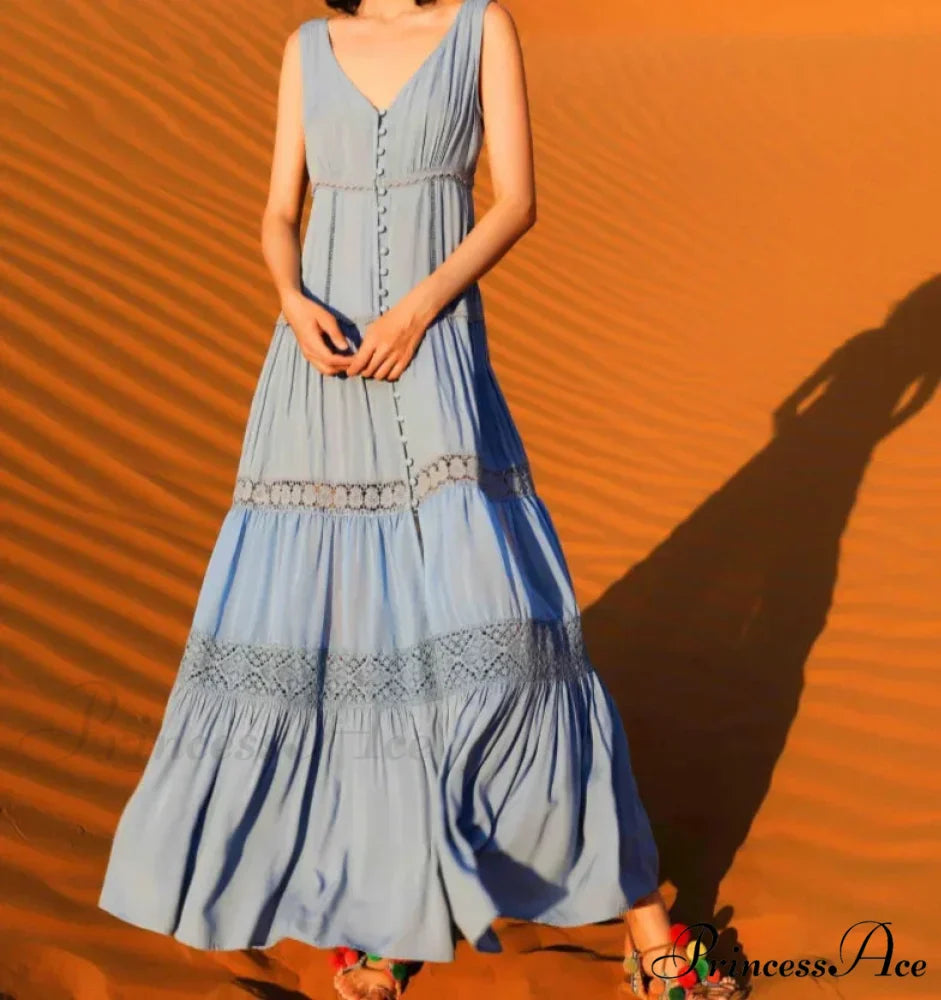 Attractive Sleeveless Plunging Neckline Tank Maxi Dress Cotton Long Summer Dress