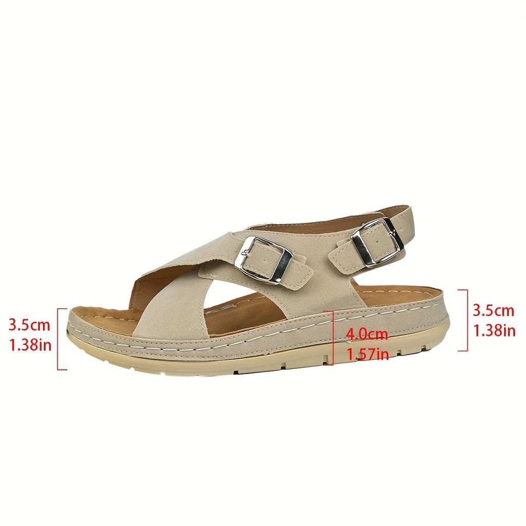 Crossover Strap Double Buckle Open Toe Flat Sandal
