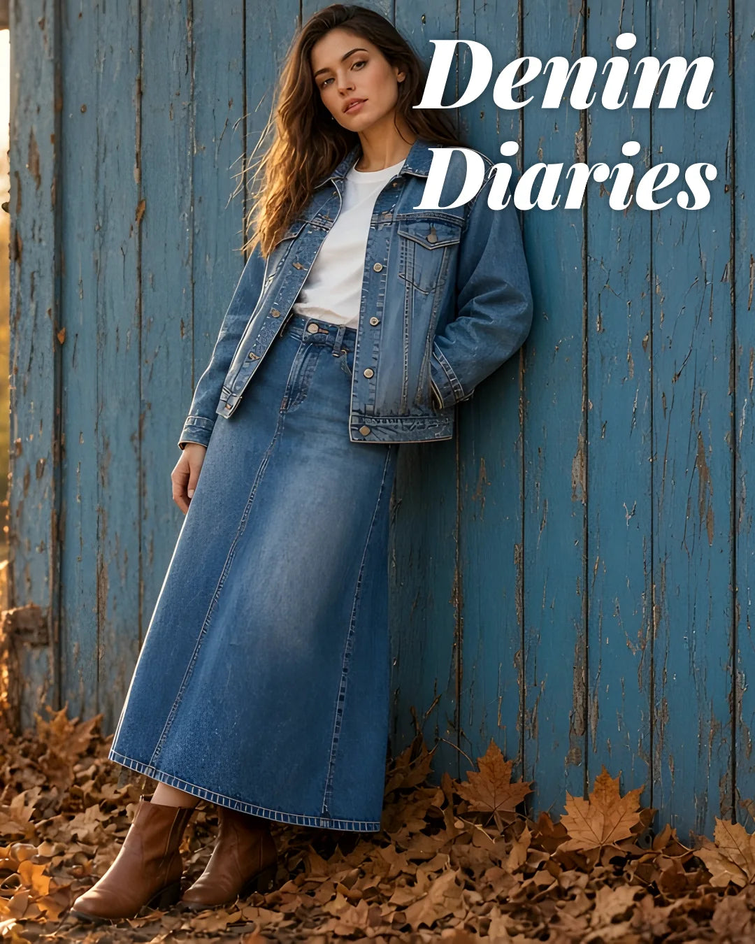 Denim Diaries — woman in a denim jacket and denim maxi skirt against a blue wooden door among autumn leaves