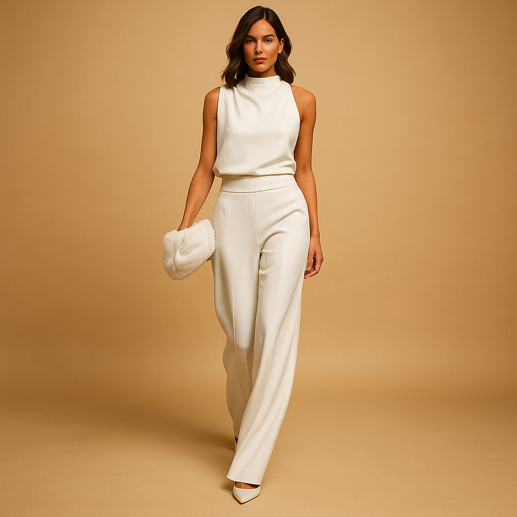 Mock Neck Sleeveless Wide Leg Formal Jumpsuit - Evening Occasion