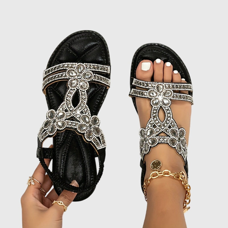Rhinestone Embellished Boho Flat Sandal - Vacation Resort