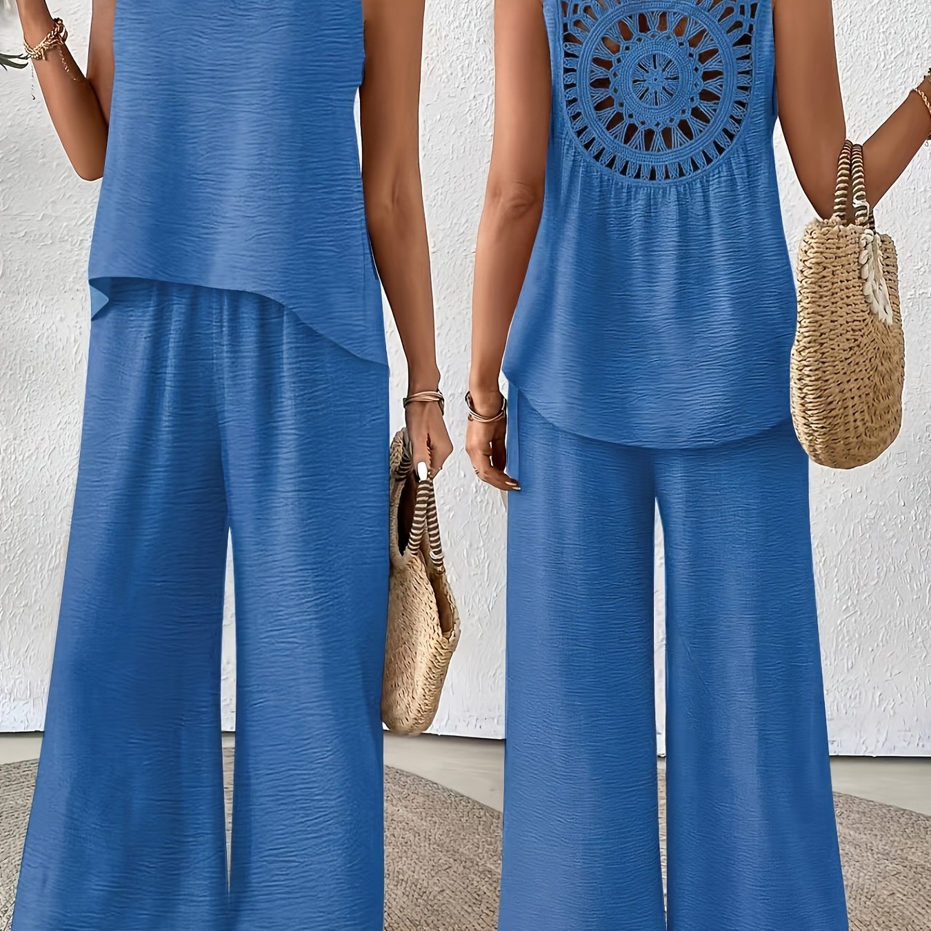 Crochet Back Sleeveless Top and Wide Leg Pants Summer Set