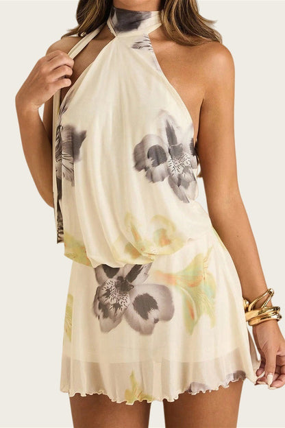 Sexy Floral Halter Backless Tie Mini Dress