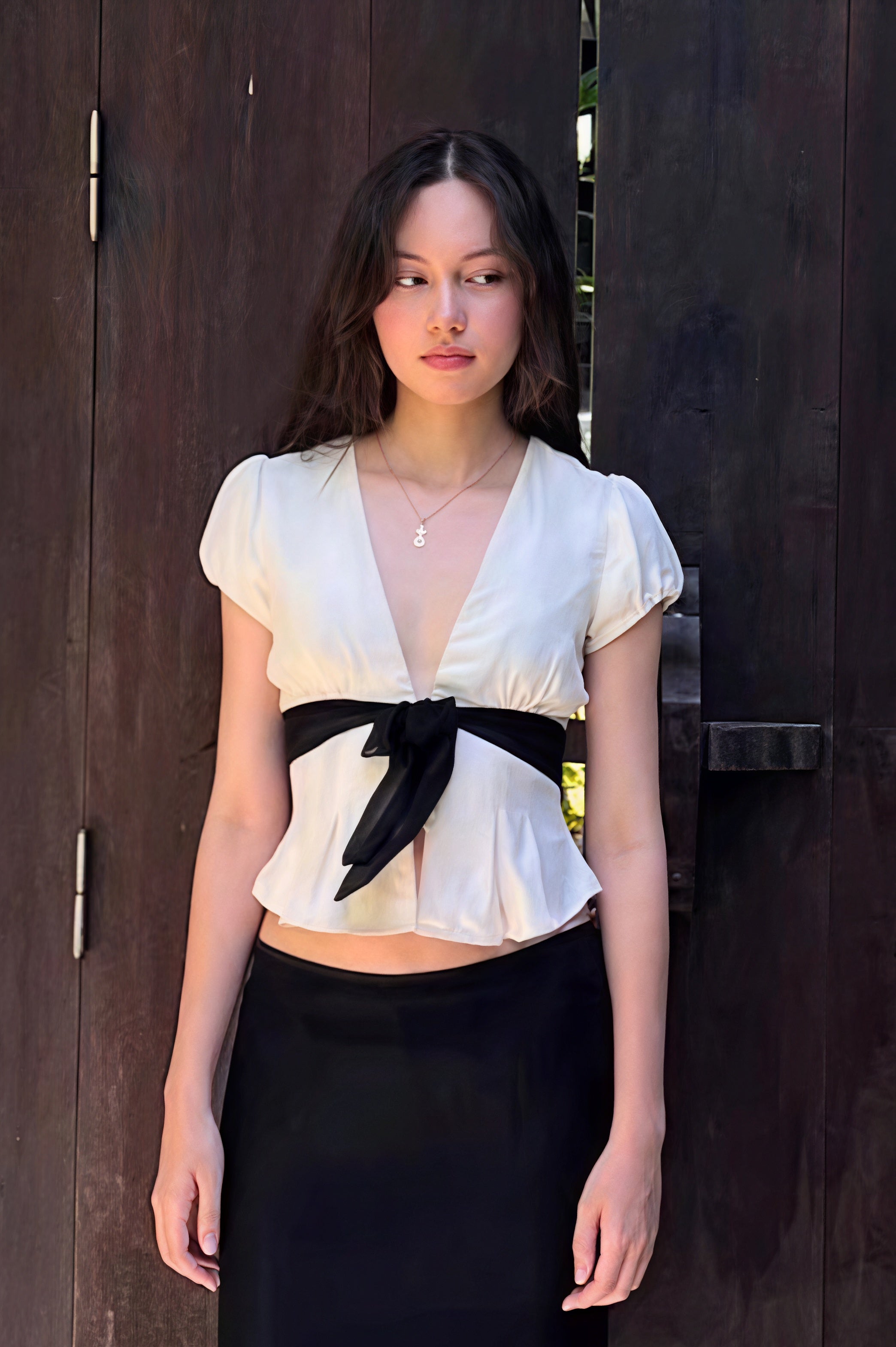 Deep V Neck Bow Tie Waist Blouse