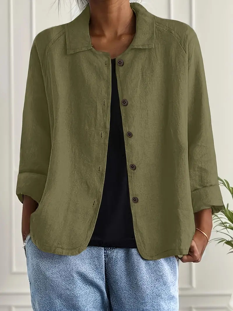 Textured Button Front Collared 3/4 Sleeve Linen Blazer