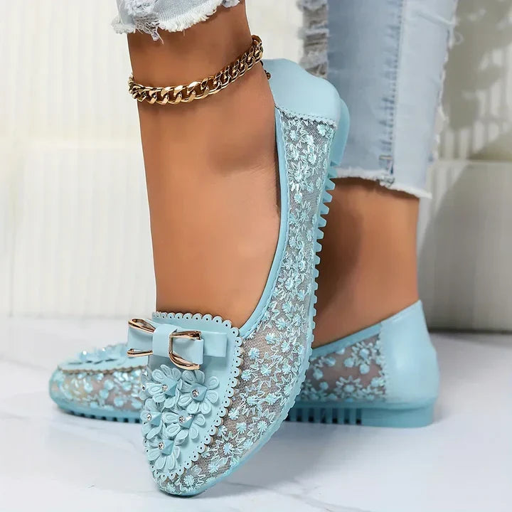 Floral Lace Embroidered Bow Buckle Round Toe Ballet Flat