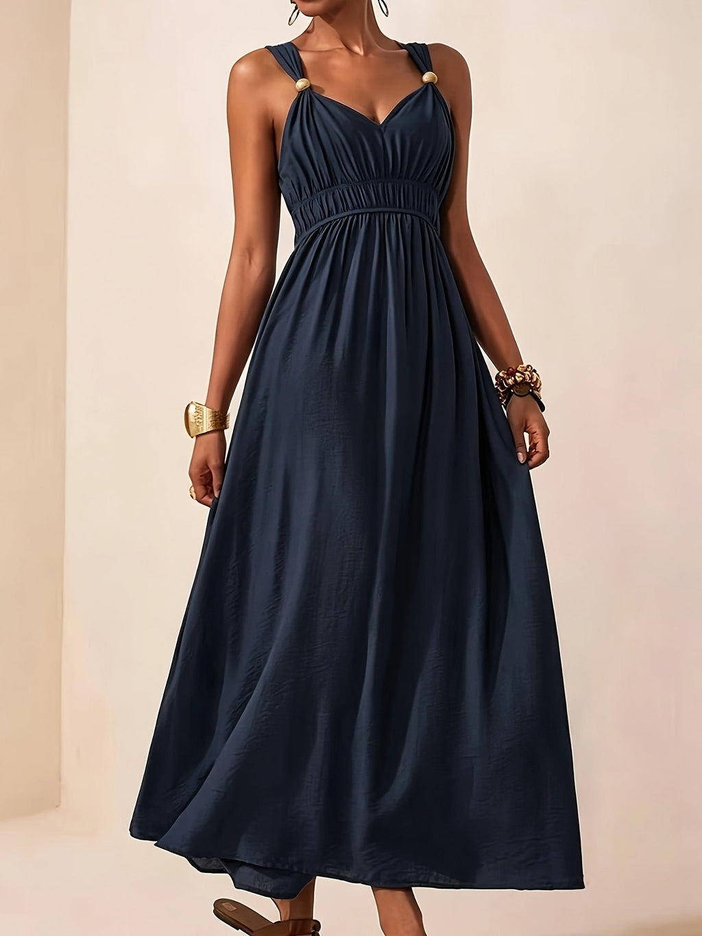 Gold Ring Strap Ruched Bust V Neck Flowy Maxi Dress