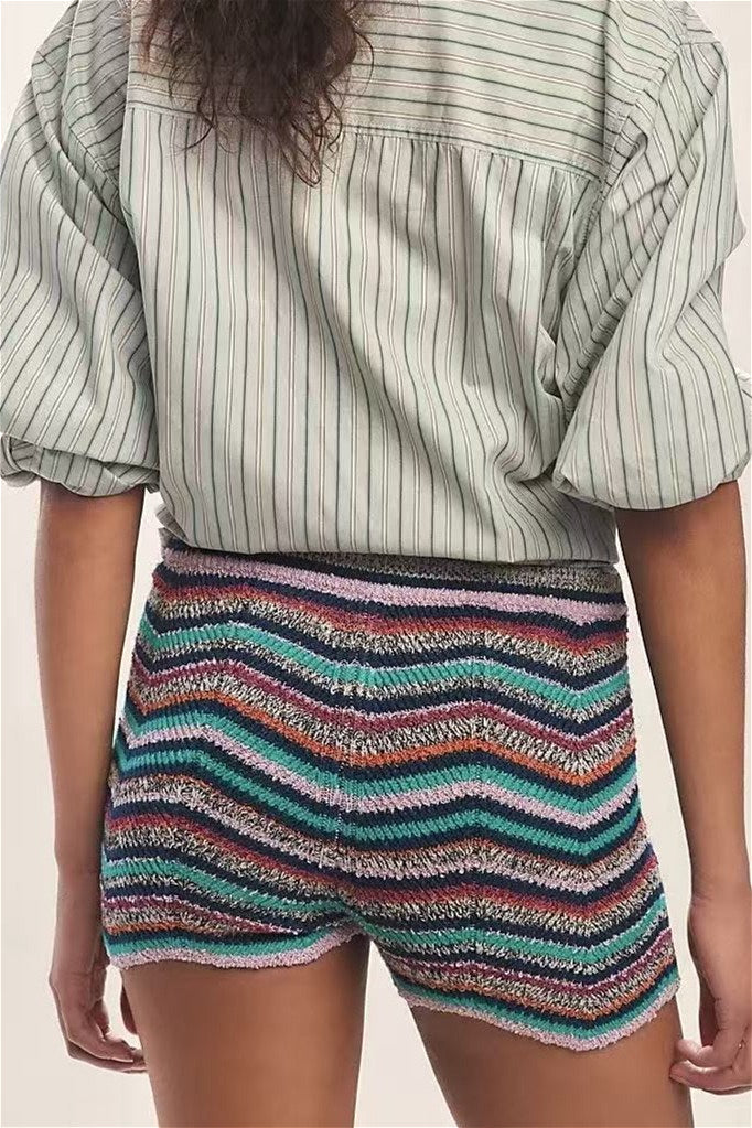 Rainbow Color Block Knit Slim Shorts
