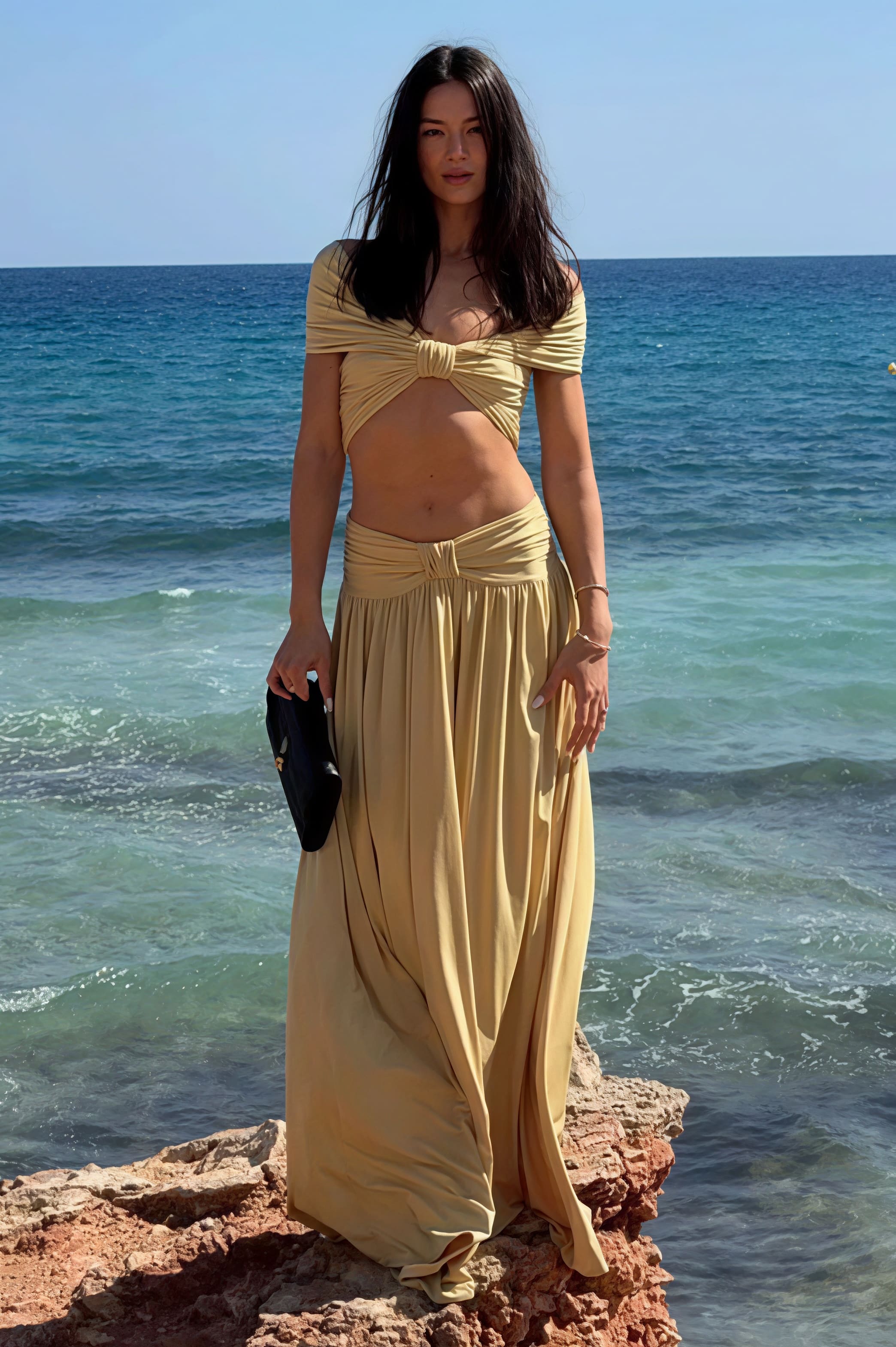 Elegant Gold Maxi Skirt Three Piece Swim Set