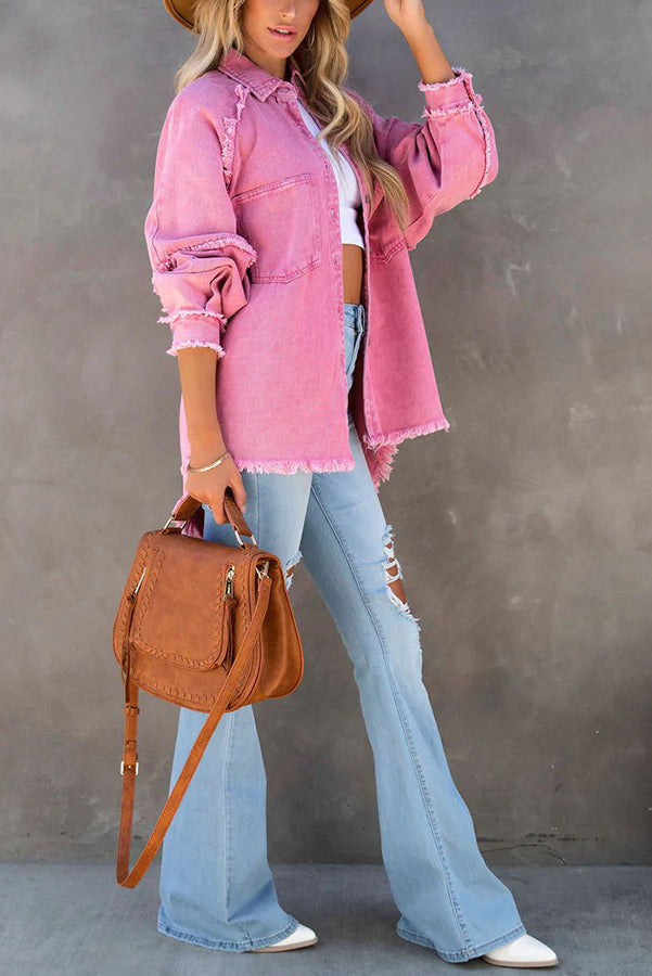 Oversized Frayed Denim Shirt Jacket for Casual Style