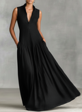 Button Placket Stand Collar Sleeveless Flowy Maxi Dress