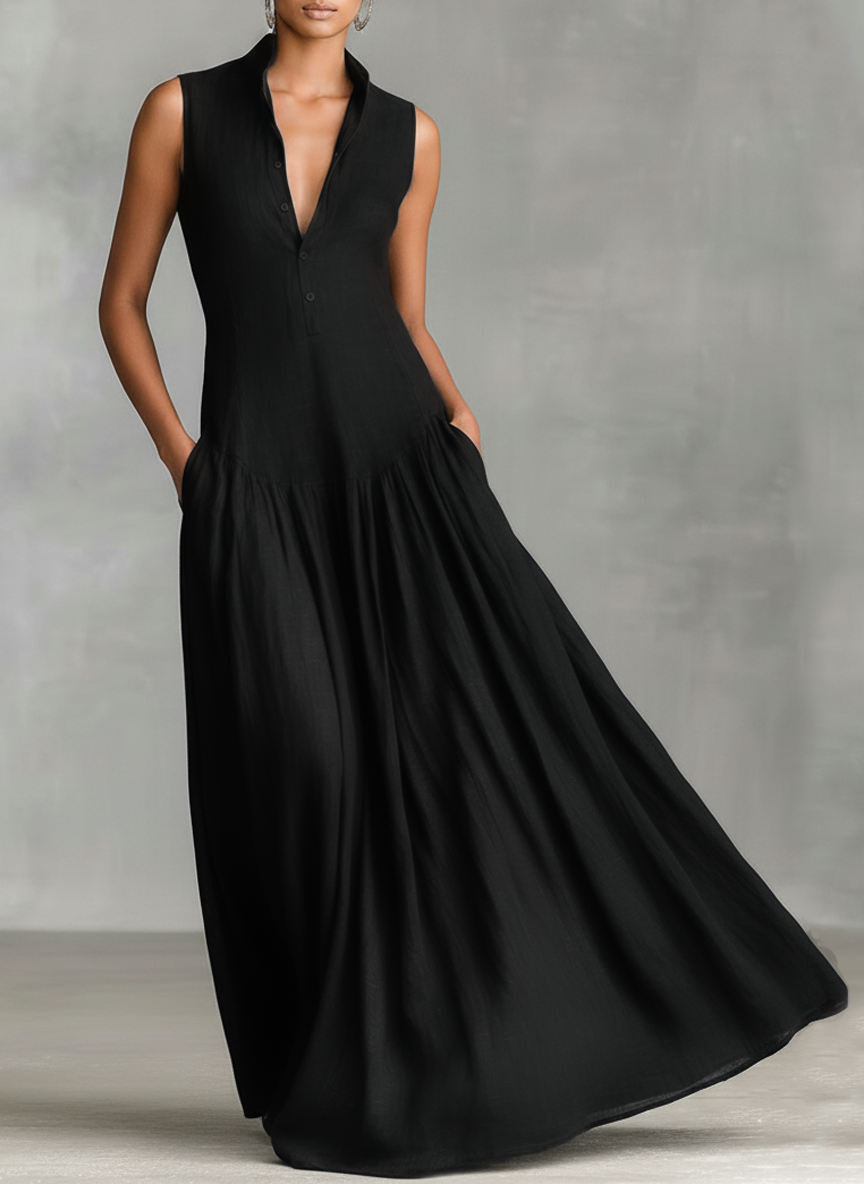 Button Placket Stand Collar Sleeveless Flowy Maxi Dress