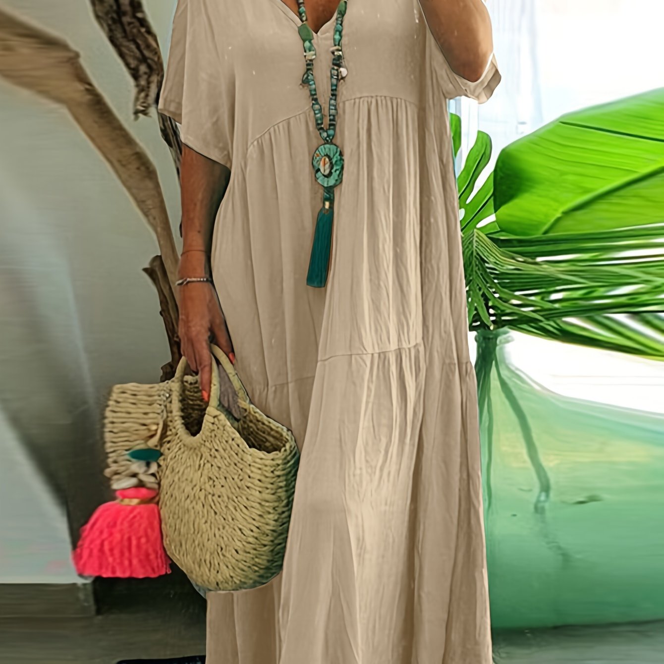 Flowy V Neck Tiered Cotton Maxi Dress for Plus Size