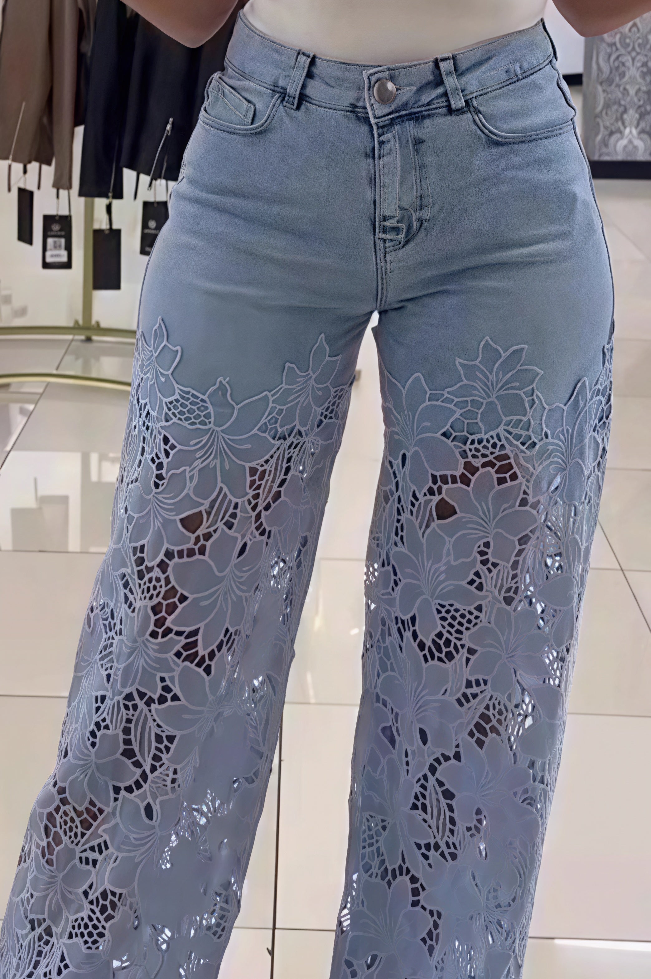 Lace Spliced Hollow Straight Jeans
