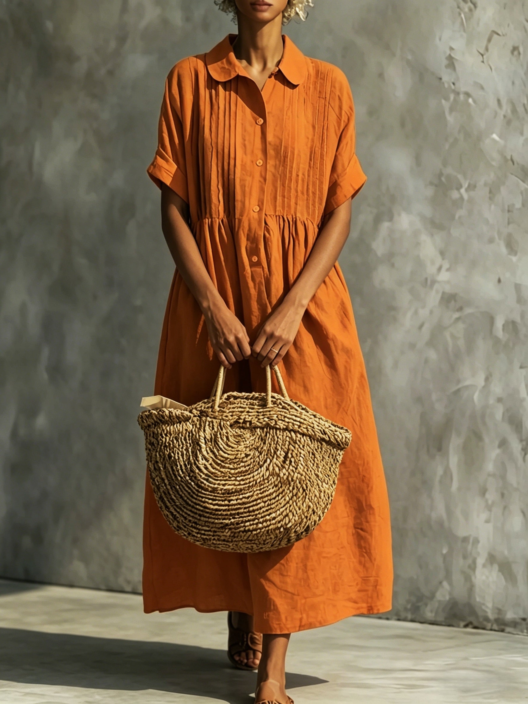 Pintuck Collared Casual Shirt Dress