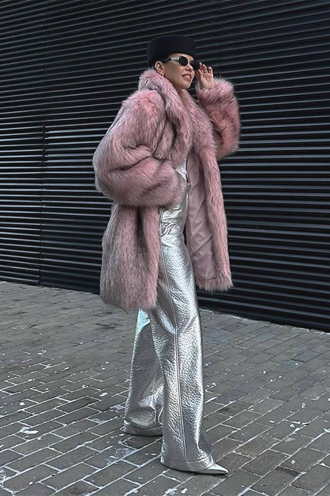 Woman wearing Plush Open-Front Faux-Fur Coat from Hicosy — view 5