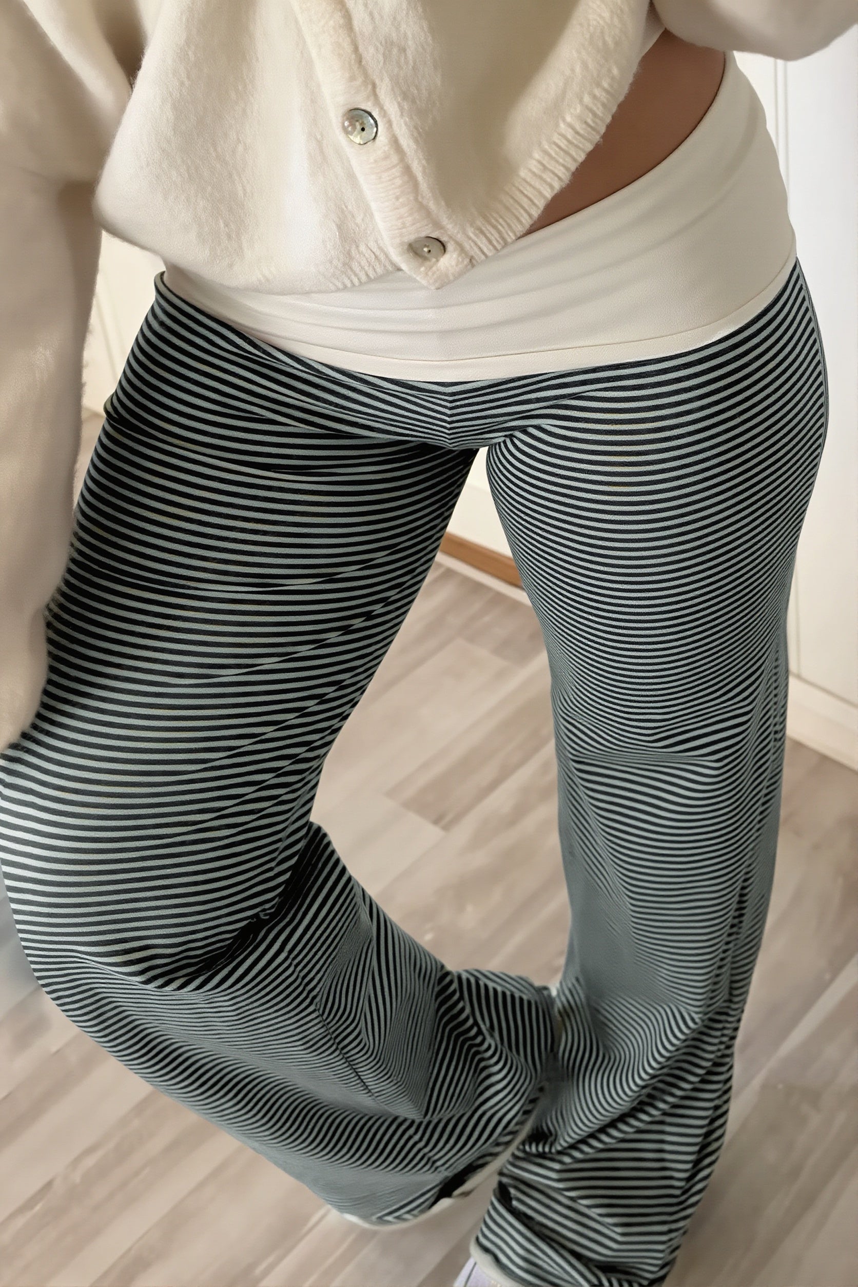 Fold Waist Stripe Knit Straight Pants