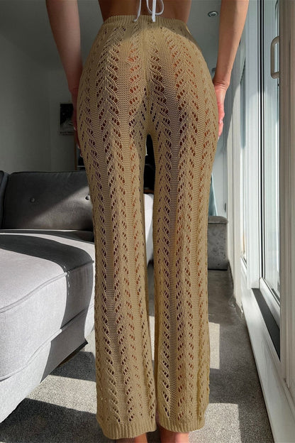 Vacation Knit Hollow Out Tie Flared Pants