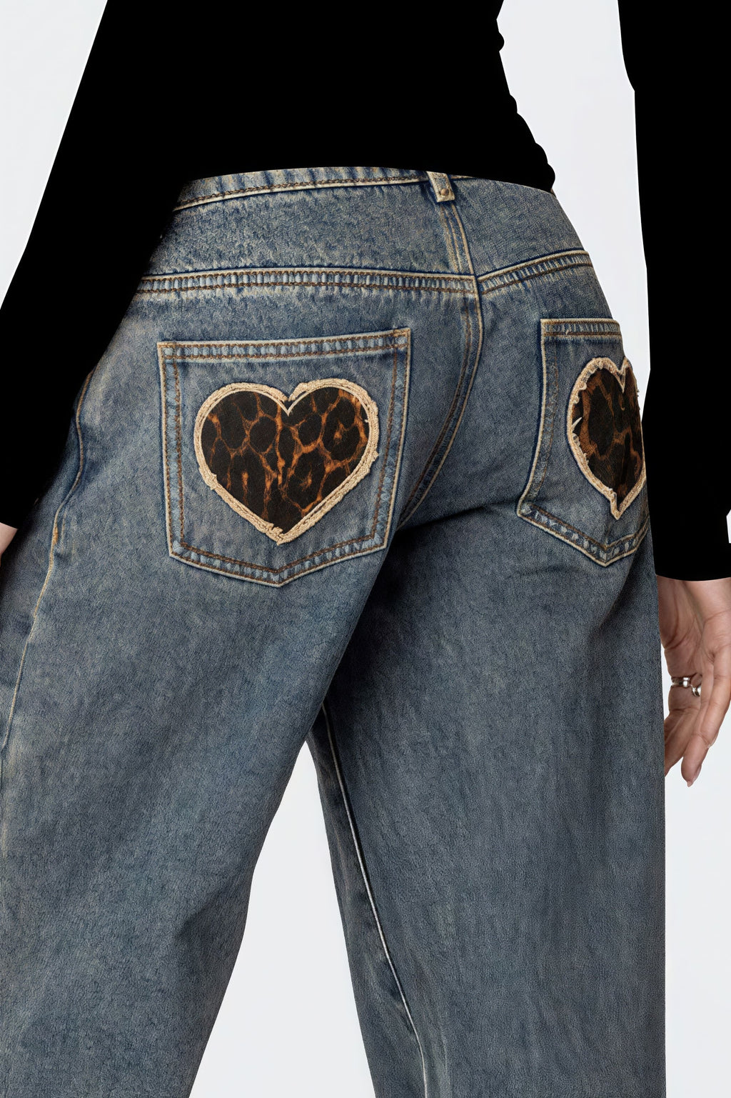 Heart Leopard Low Waist Straight Jeans