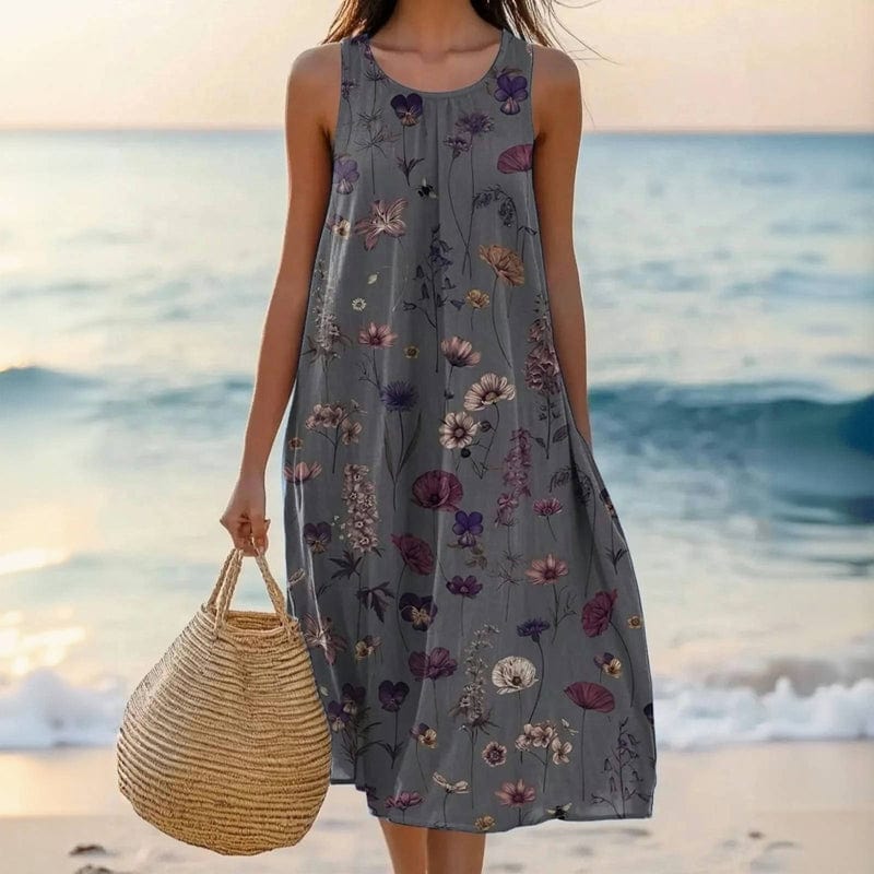 Floral Cotton Scoop Neck Sleeveless Oversized Casual Midi Dress