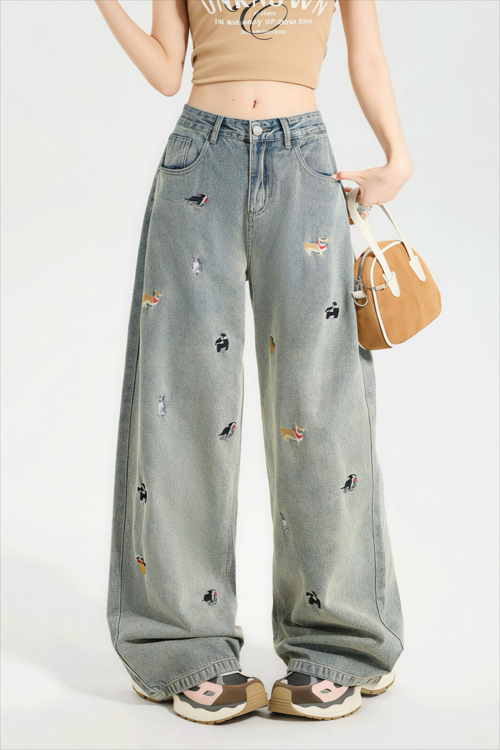 Cute Dog Embroidered Vintage Loose Jeans
