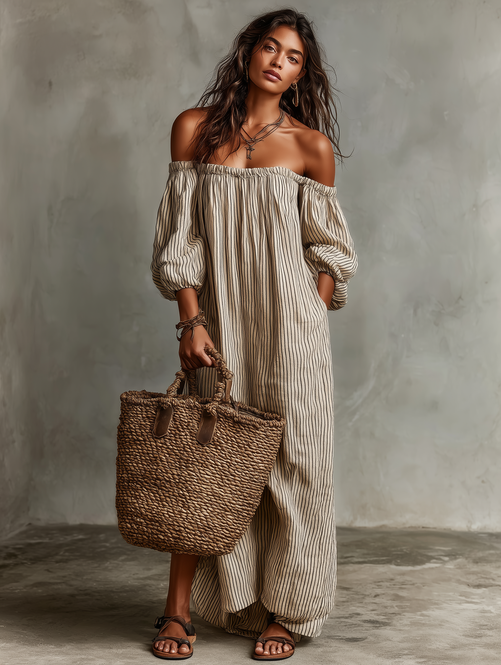 Striped Off Shoulder Puff Sleeve Casual Linen Maxi Dress