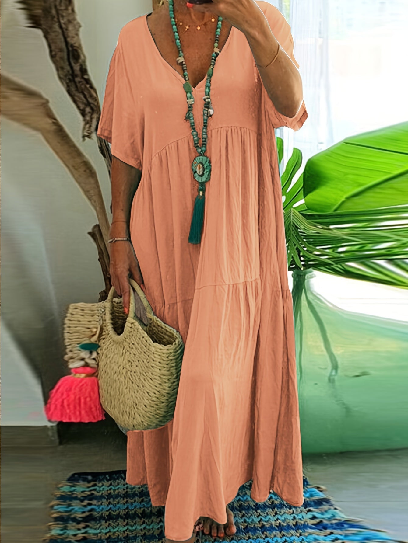 Flowy V Neck Tiered Cotton Maxi Dress for Plus Size
