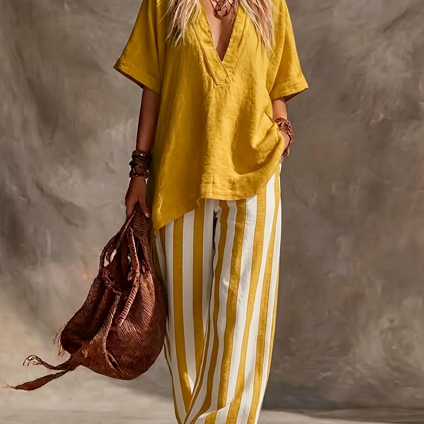 Linen V Neck Short Sleeve Top and Striped Wide Leg Pants Set