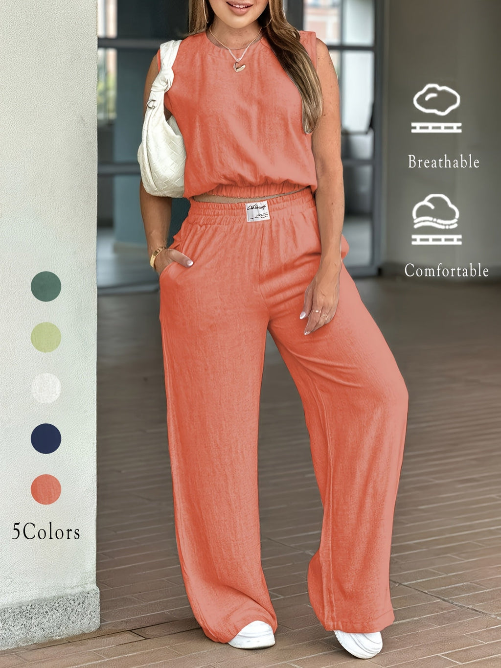 Linen Crew Neck Sleeveless Crop Top and Wide Leg Pants Set