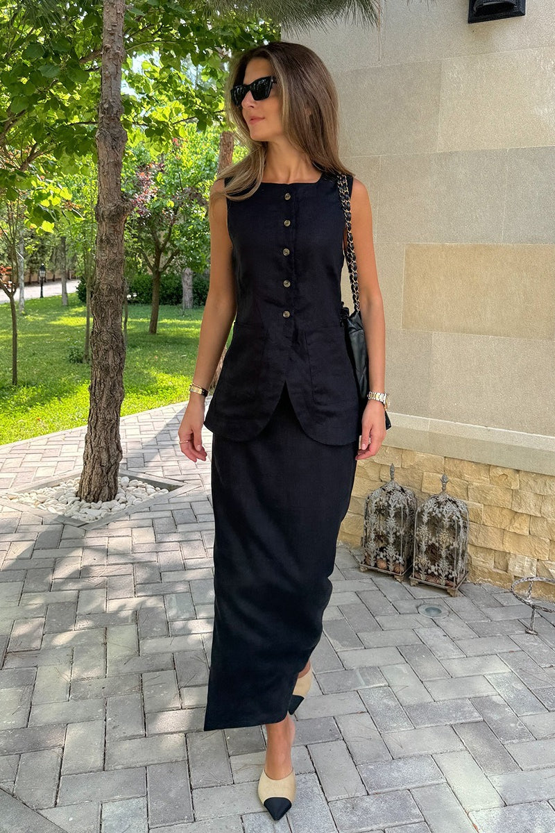 Simple Linen Vest High Waist Skirt Set