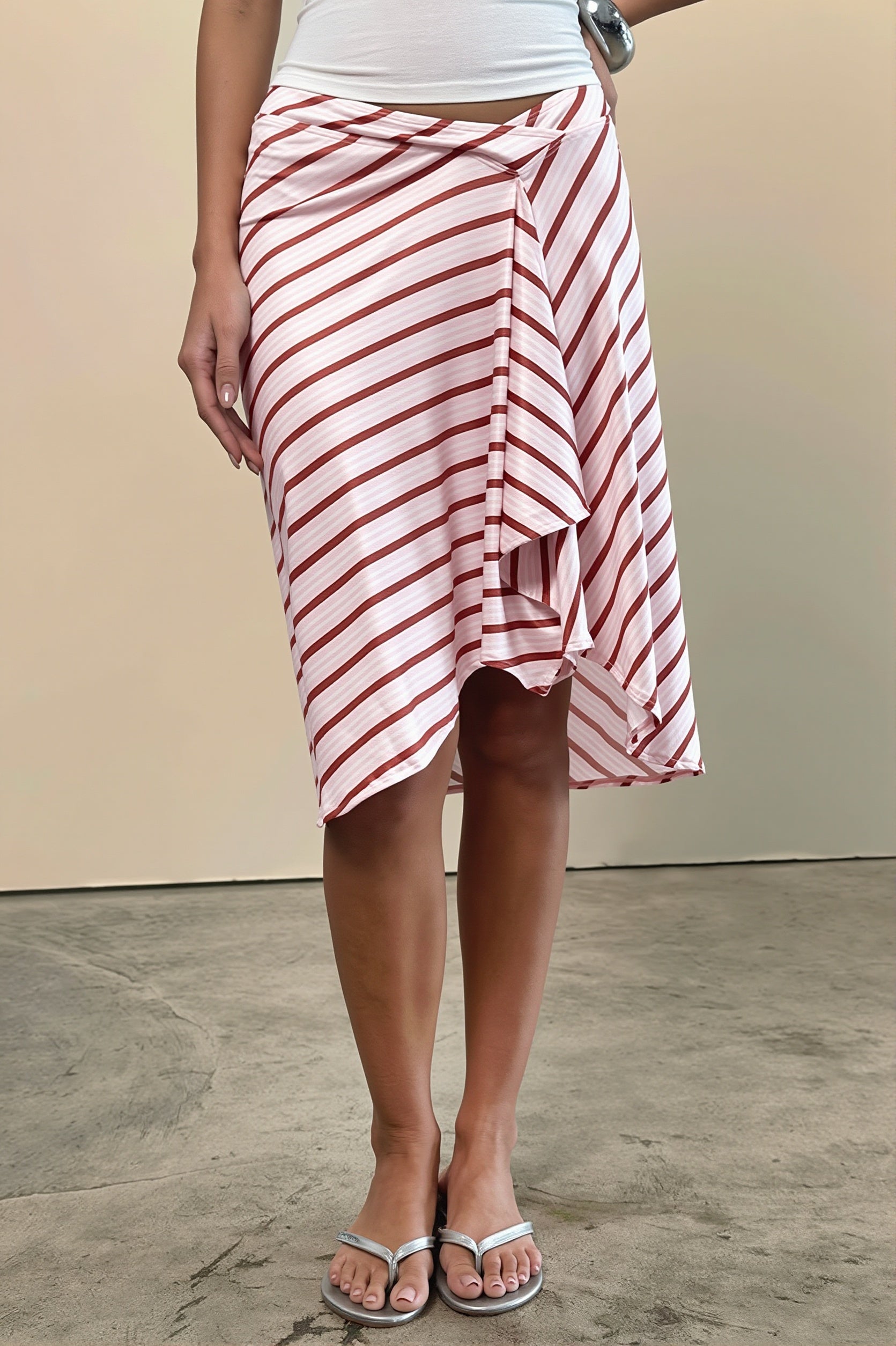 Elegant Striped Irregular Midi Skirt